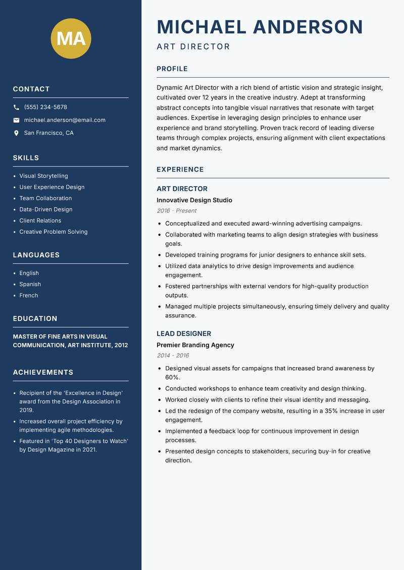 Art Director Resume Preview Example