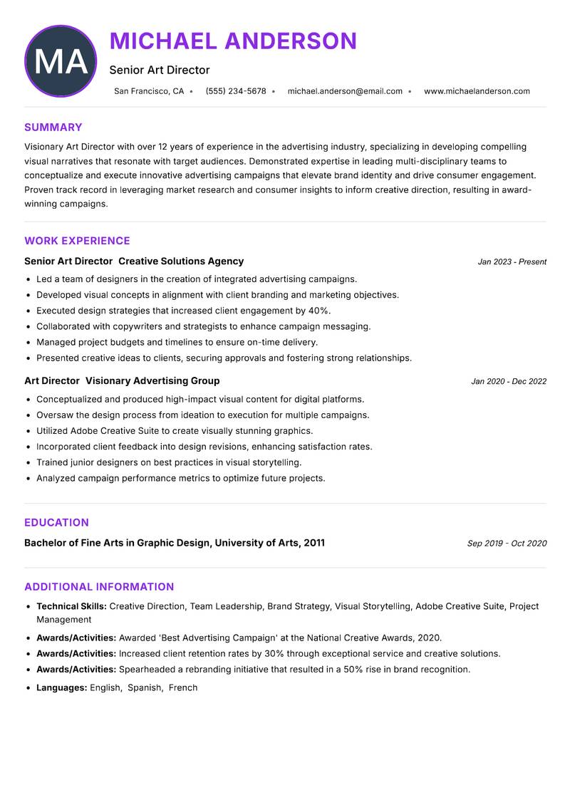 Art Director Advertising Resume Preview Example