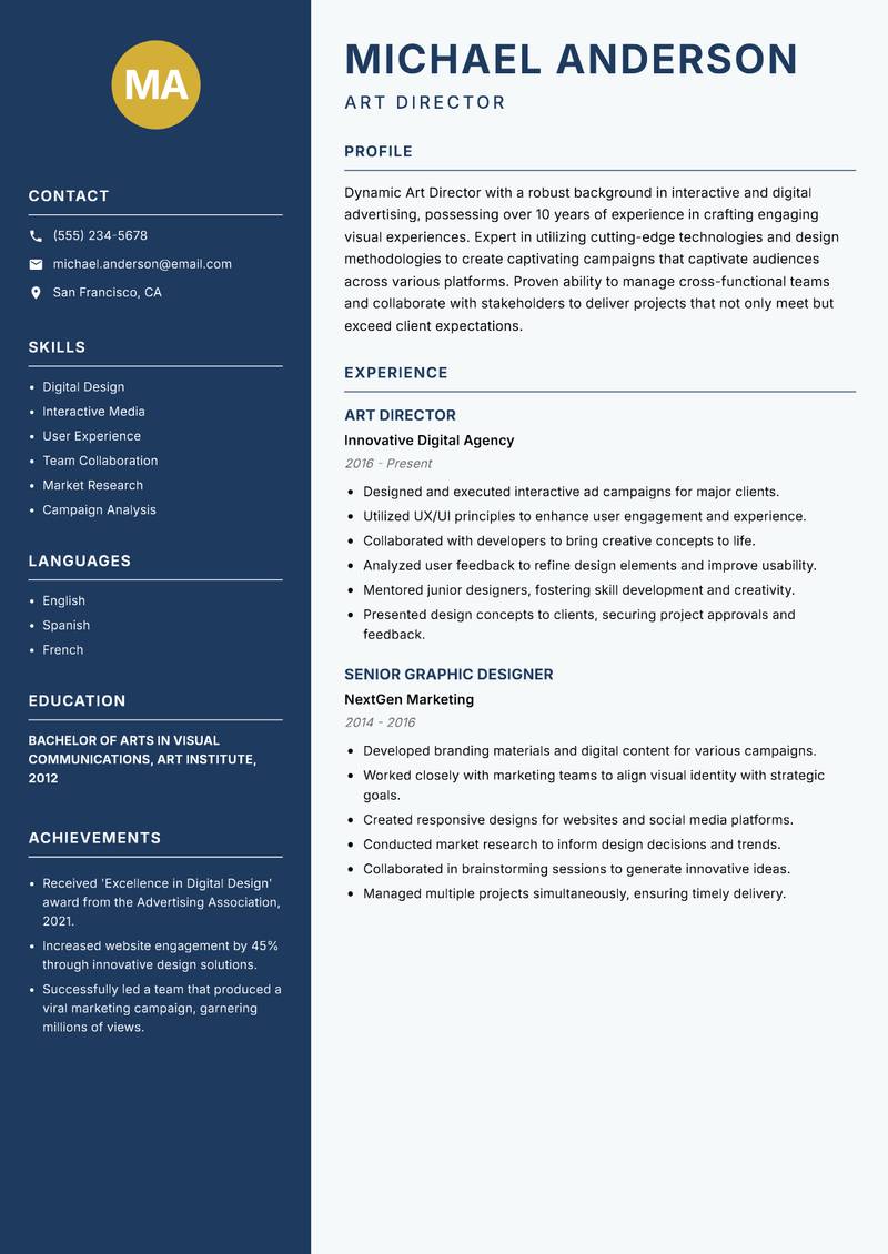 Art Director Advertising Resume Preview Example