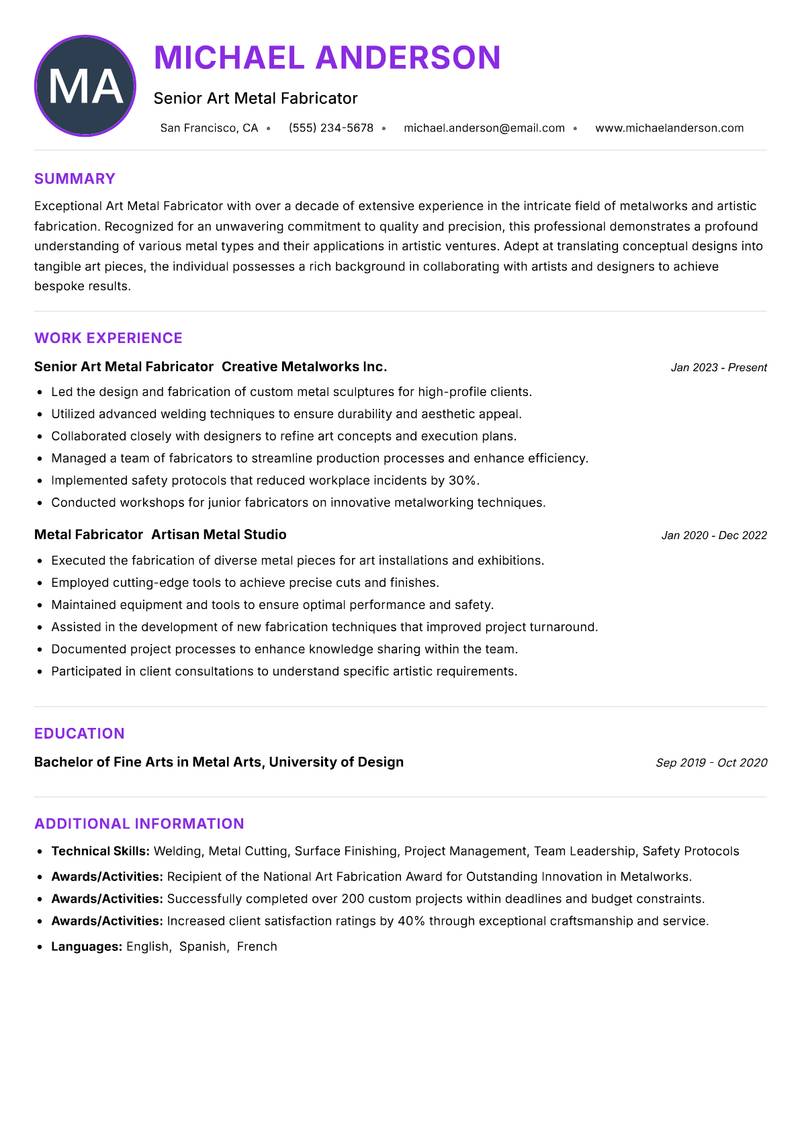 Art Metal Fabricator Resume Preview Example