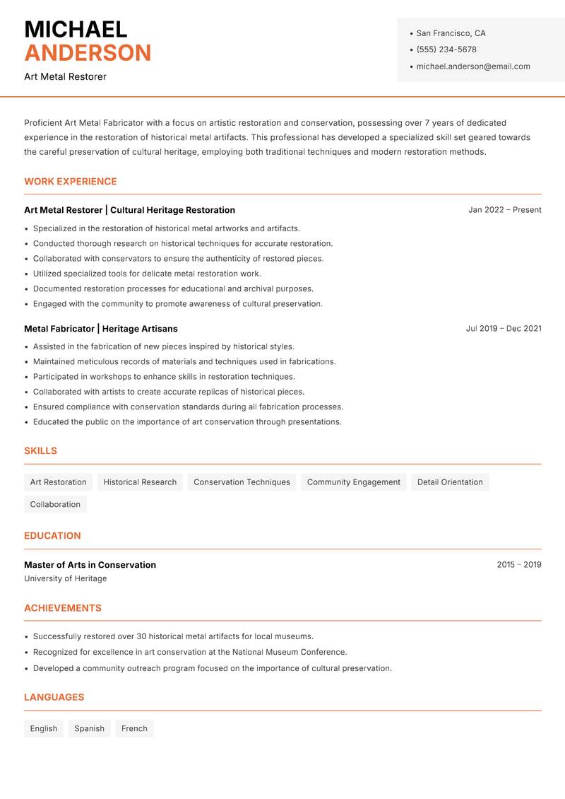 Art Metal Fabricator Resume Template