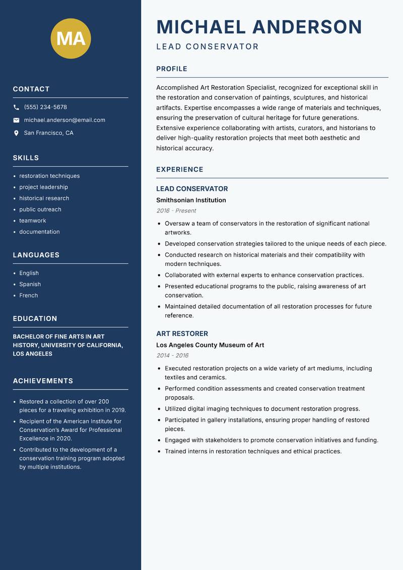 Art Restoration Specialist Resume Preview Example