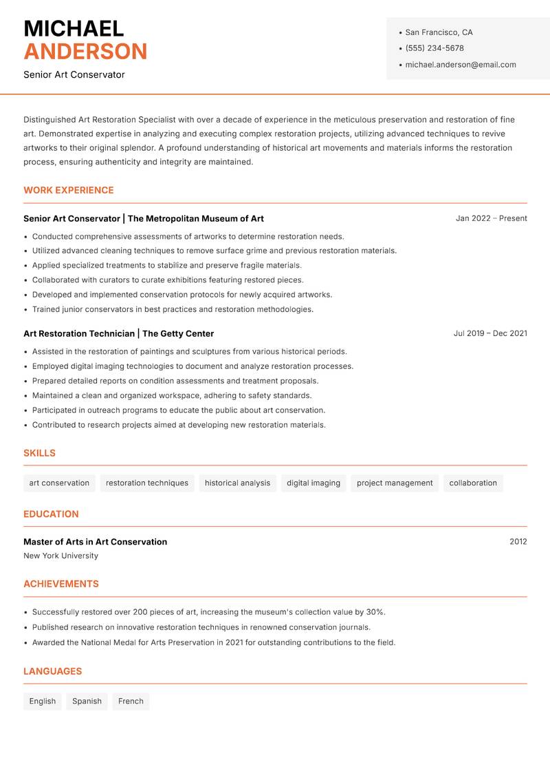 Art Restoration Specialist Resume Template