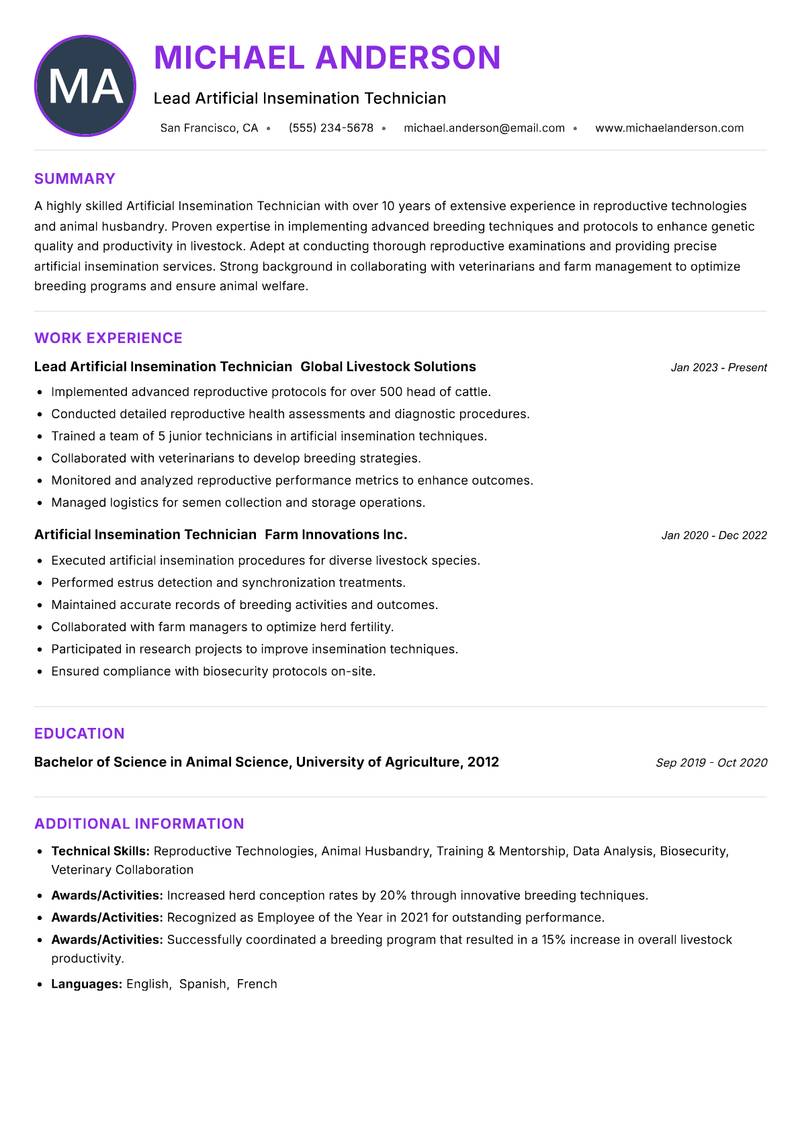 Artificial Insemination Technician Resume Preview Example