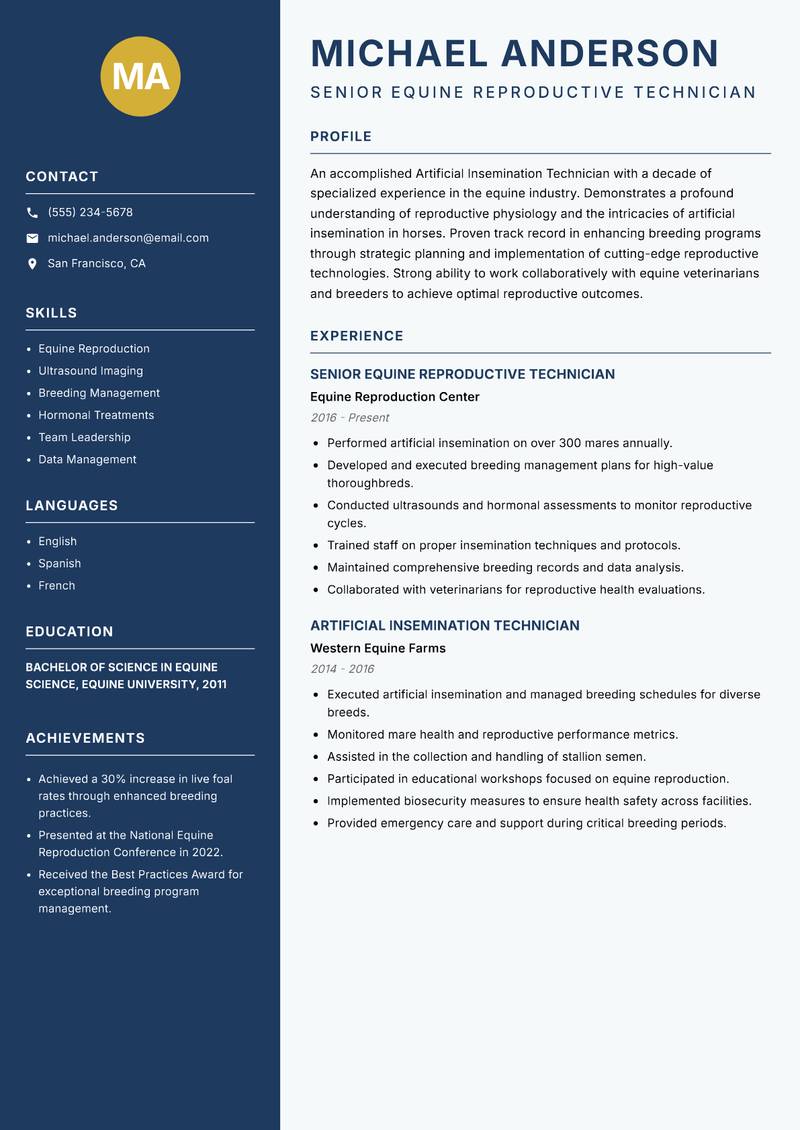 Artificial Insemination Technician Resume Preview Example