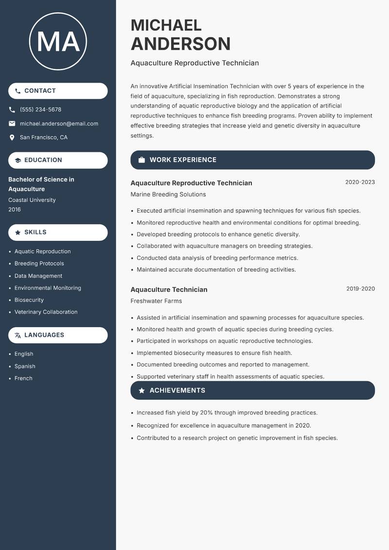 Artificial Insemination Technician Resume Preview Example