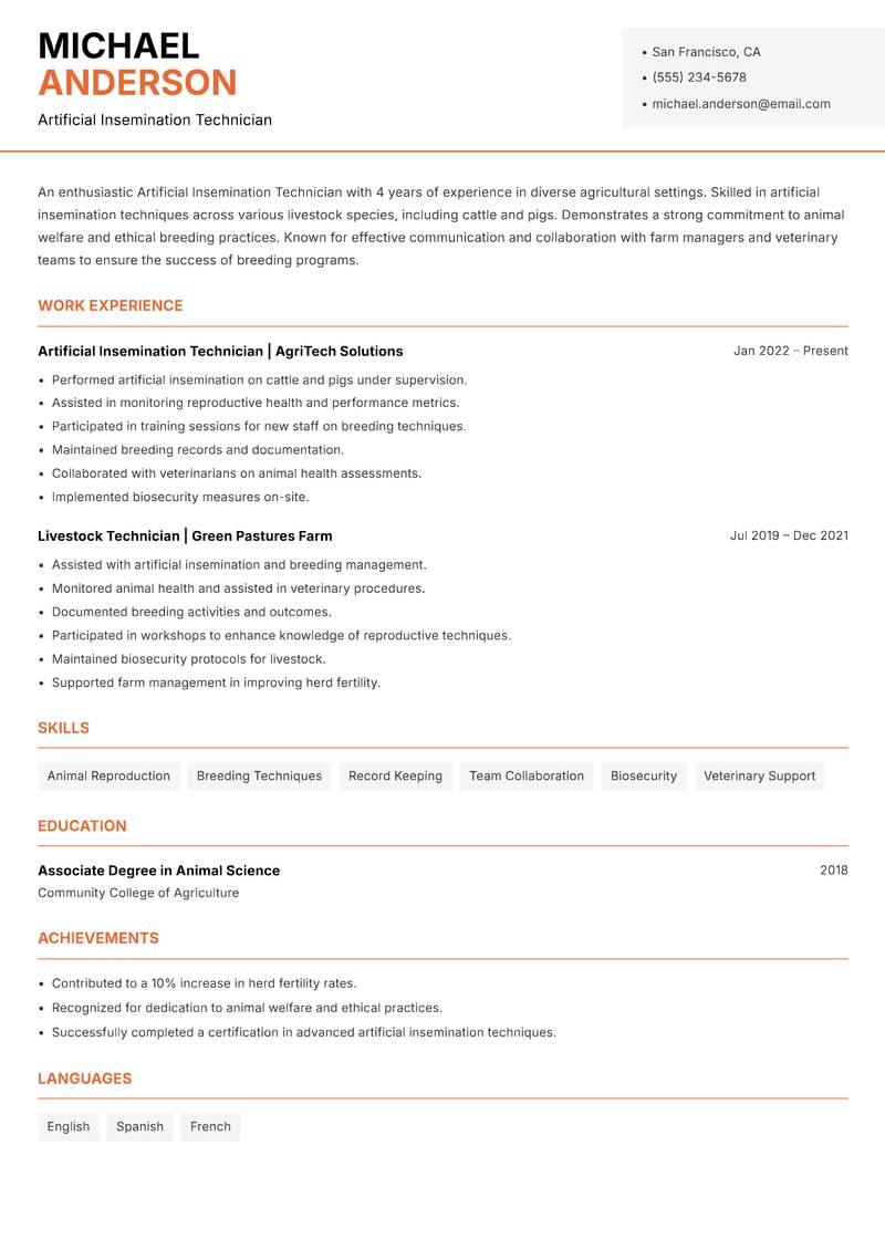 Artificial Insemination Technician Resume Template