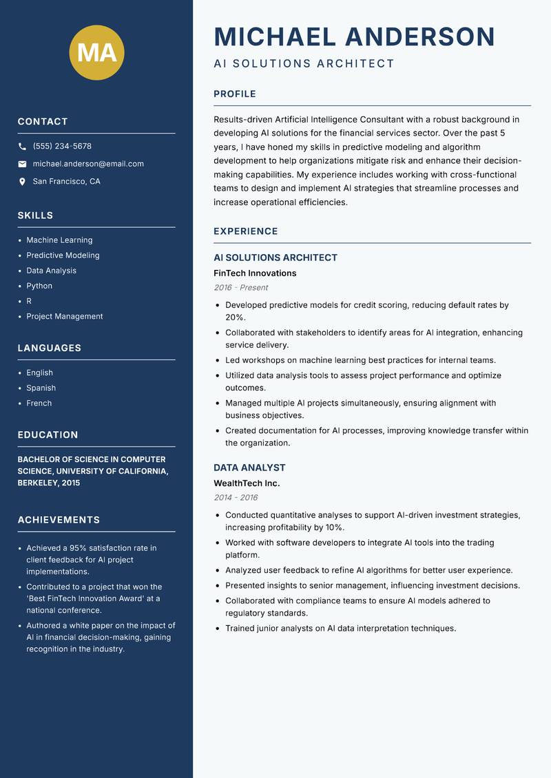 Artificial Intelligence Consultant Resume Preview Example