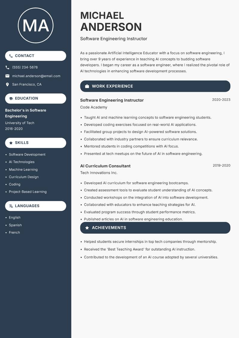 Artificial Intelligence Educator Resume Preview Example