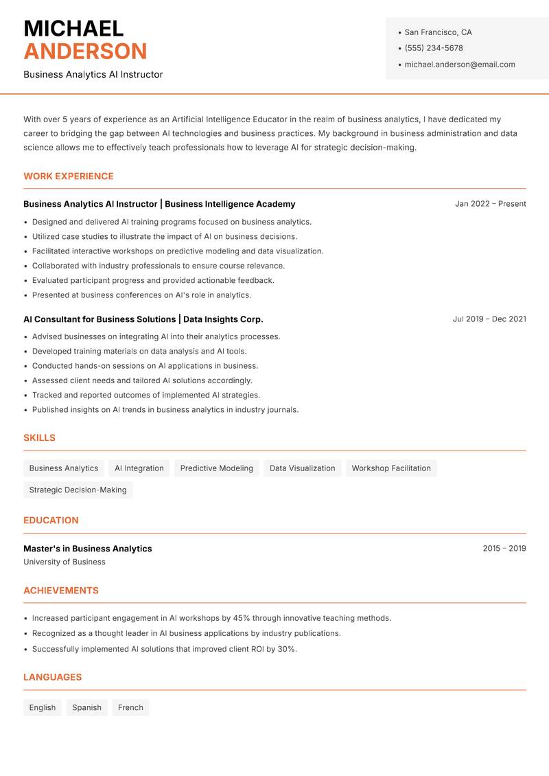 Artificial Intelligence Educator Resume Template
