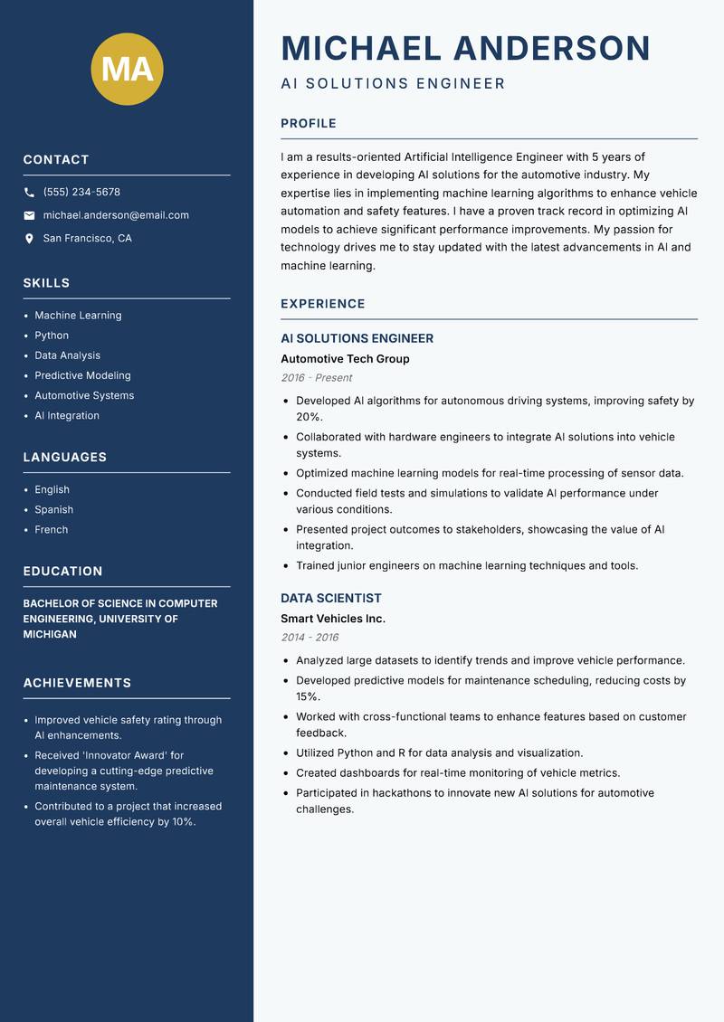 Artificial Intelligence Engineer Resume Preview Example