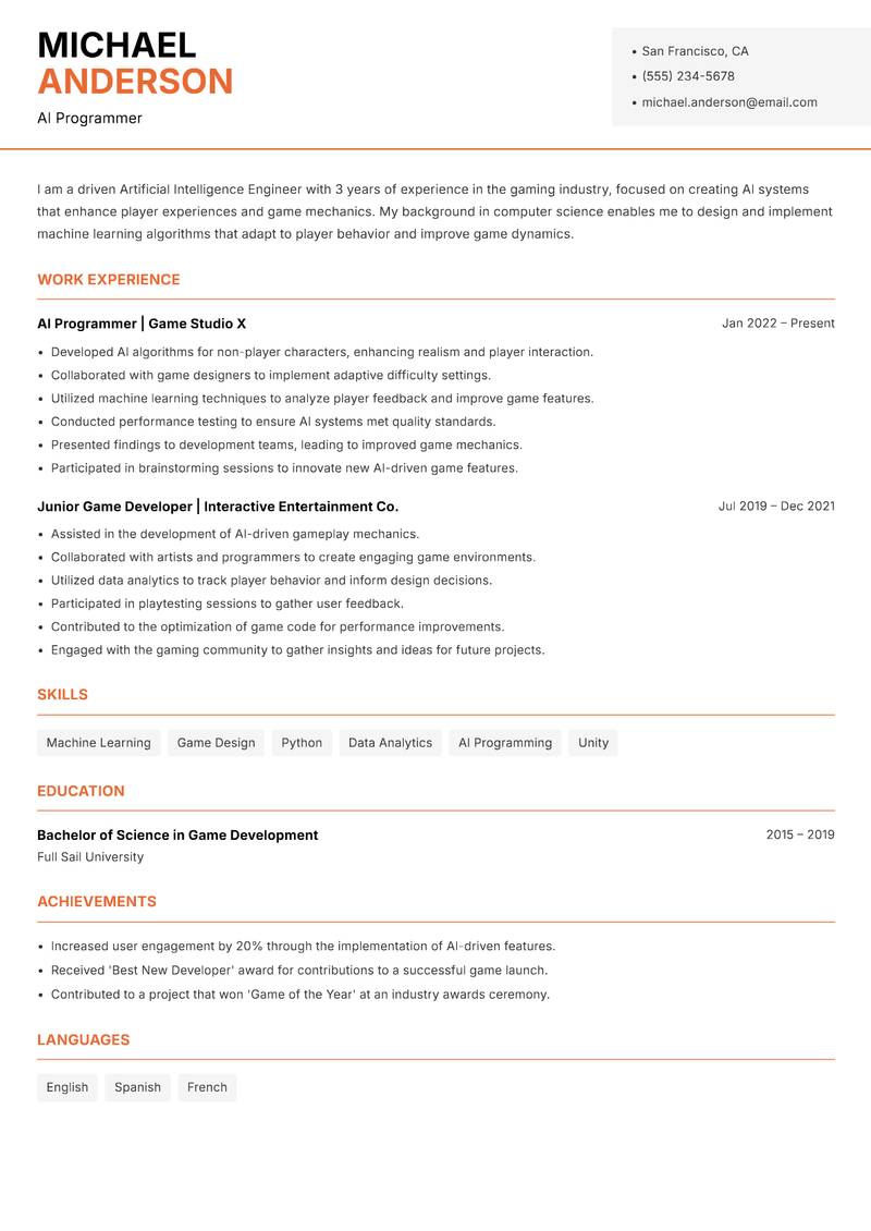 Artificial Intelligence Engineer Resume Template
