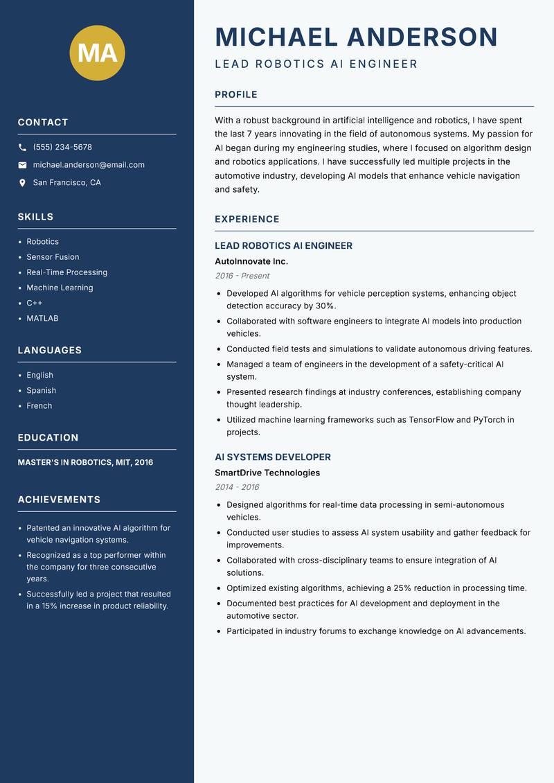 Artificial Intelligence Researcher Resume Preview Example
