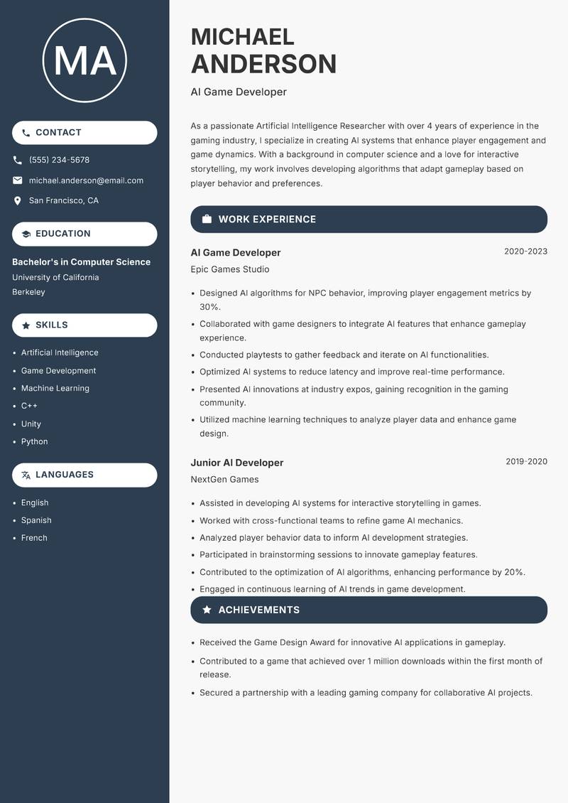 Artificial Intelligence Researcher Resume Preview Example