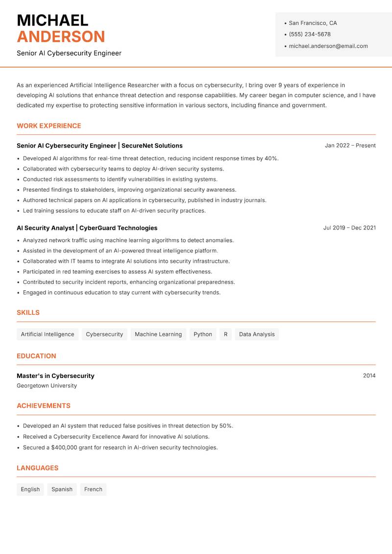 Artificial Intelligence Researcher Resume Template
