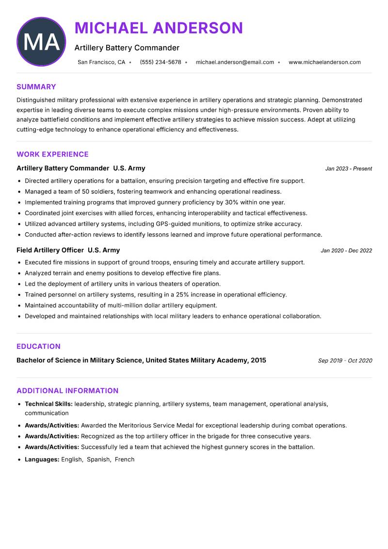 Artillery Officer Resume Preview Example