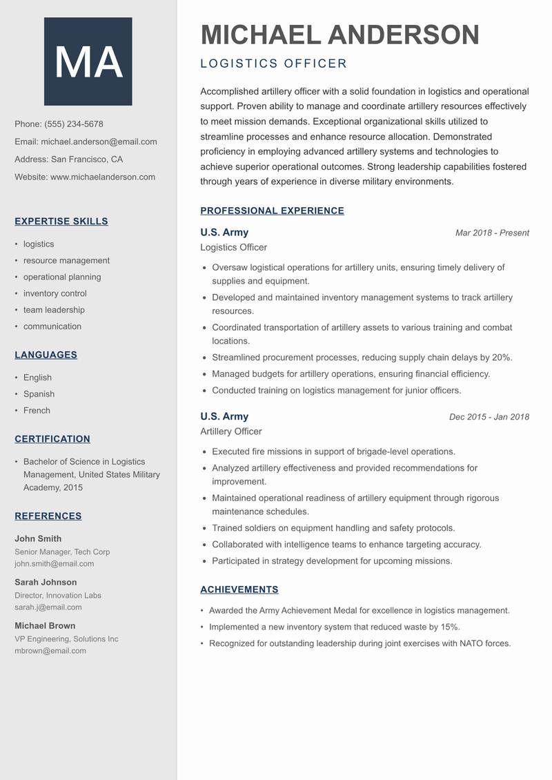 Artillery Officer Resume Preview Example