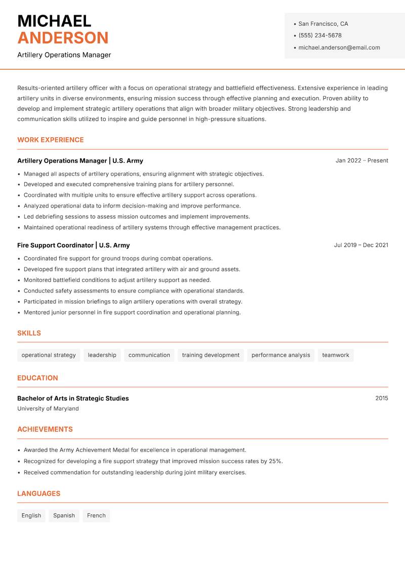 Artillery Officer Resume Template