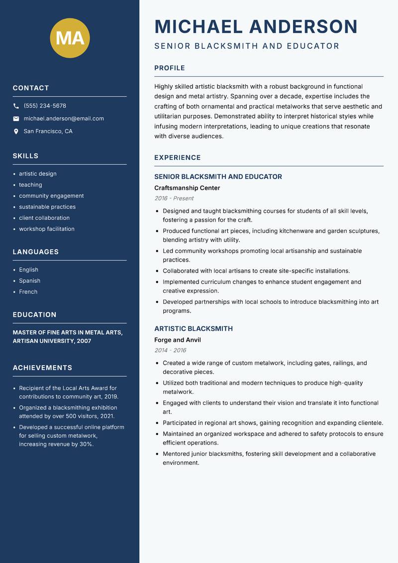 Artistic Blacksmith Resume Preview Example