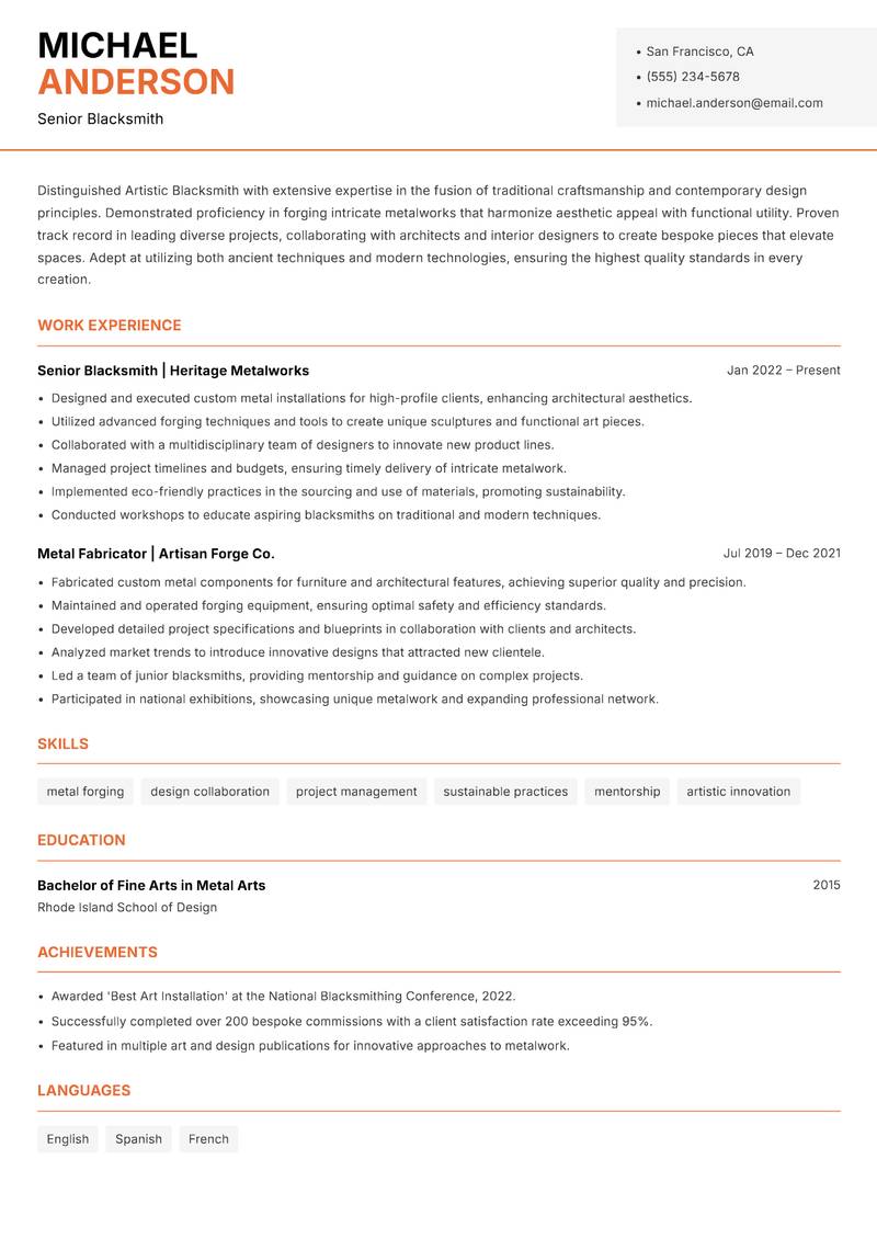 Artistic Blacksmith Resume Template