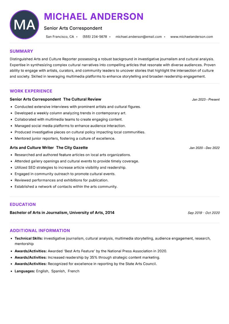 Arts and Culture Reporter Resume Preview Example
