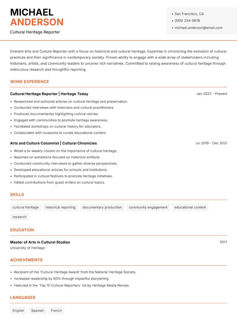Arts and Culture Reporter Resume Template