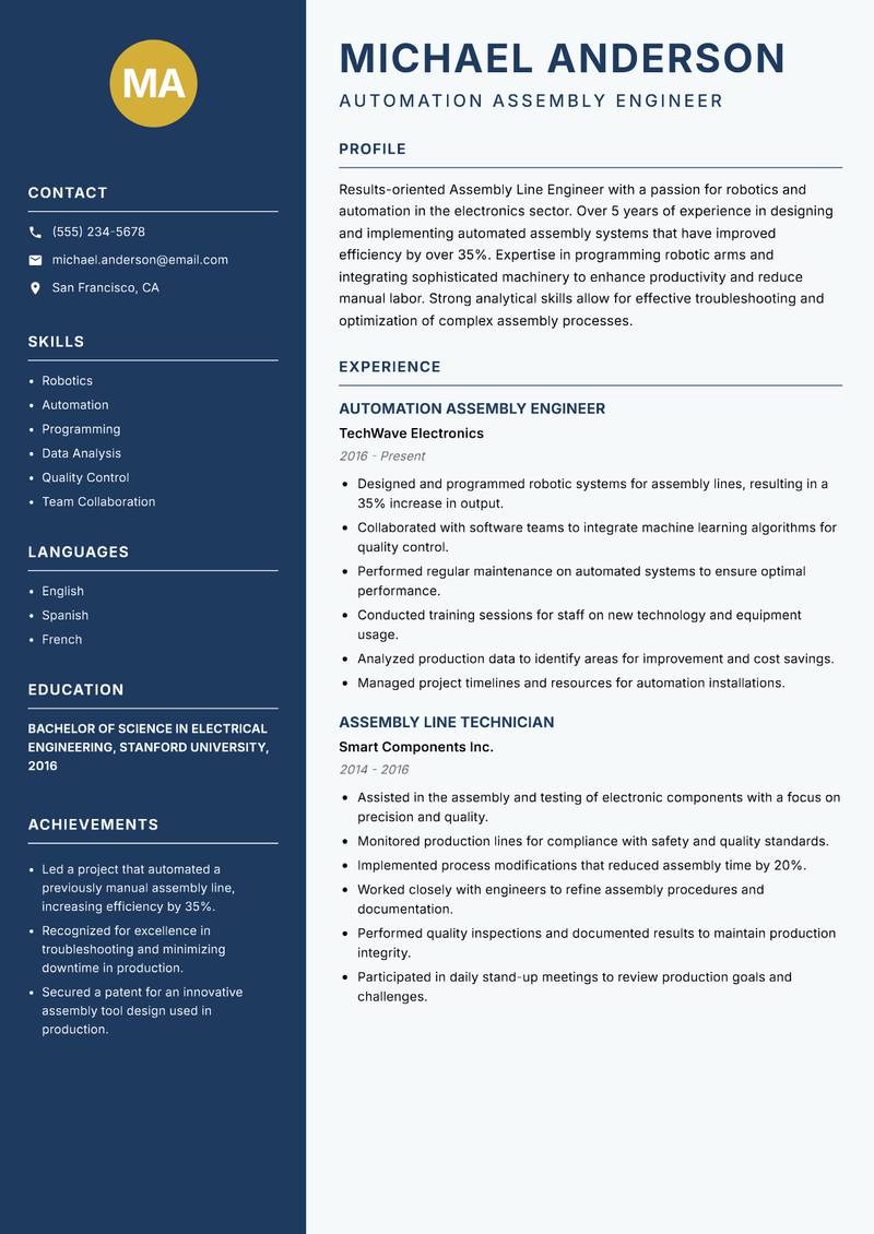 Assembly Line Engineer Resume Preview Example