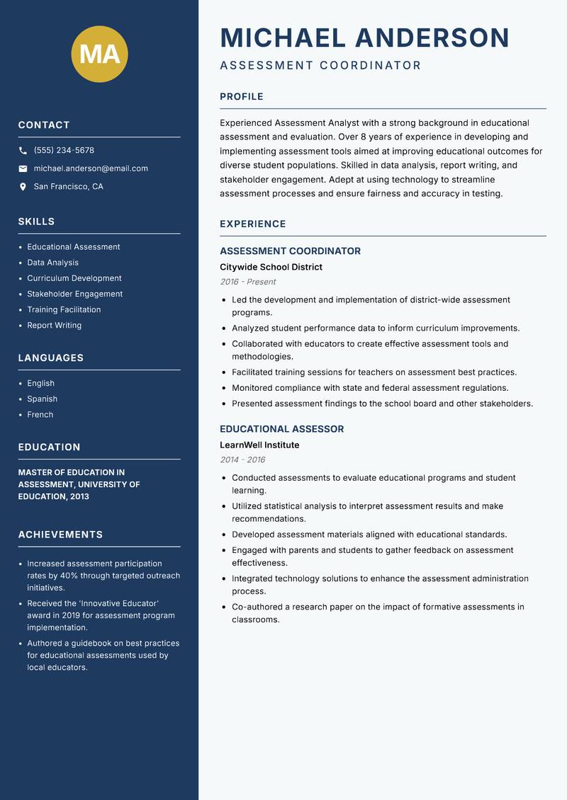 Assessment Analyst Resume Preview Example