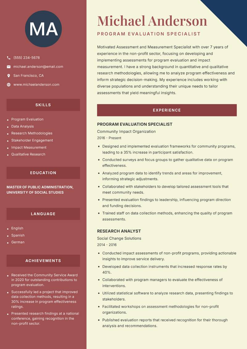Assessment and Measurement Specialist Resume Preview Example