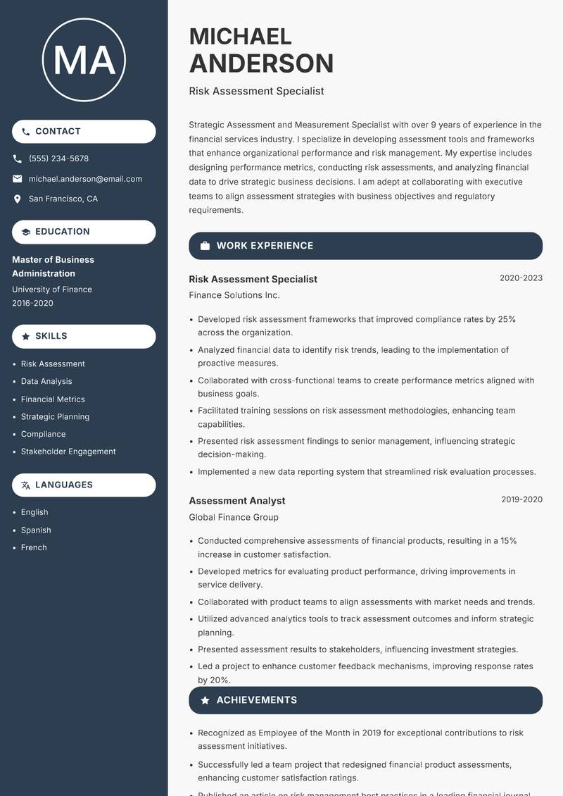 Assessment and Measurement Specialist Resume Preview Example
