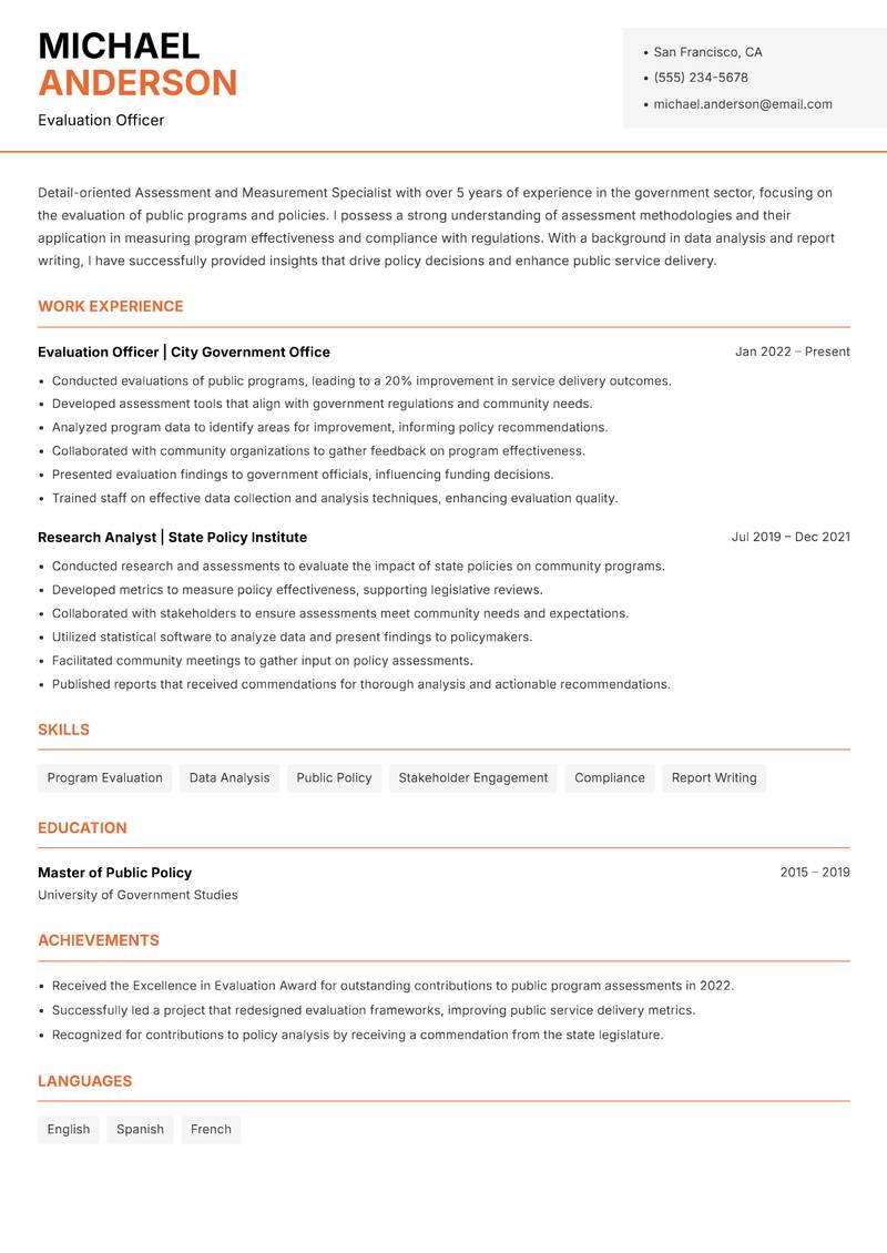 Assessment and Measurement Specialist Resume Template