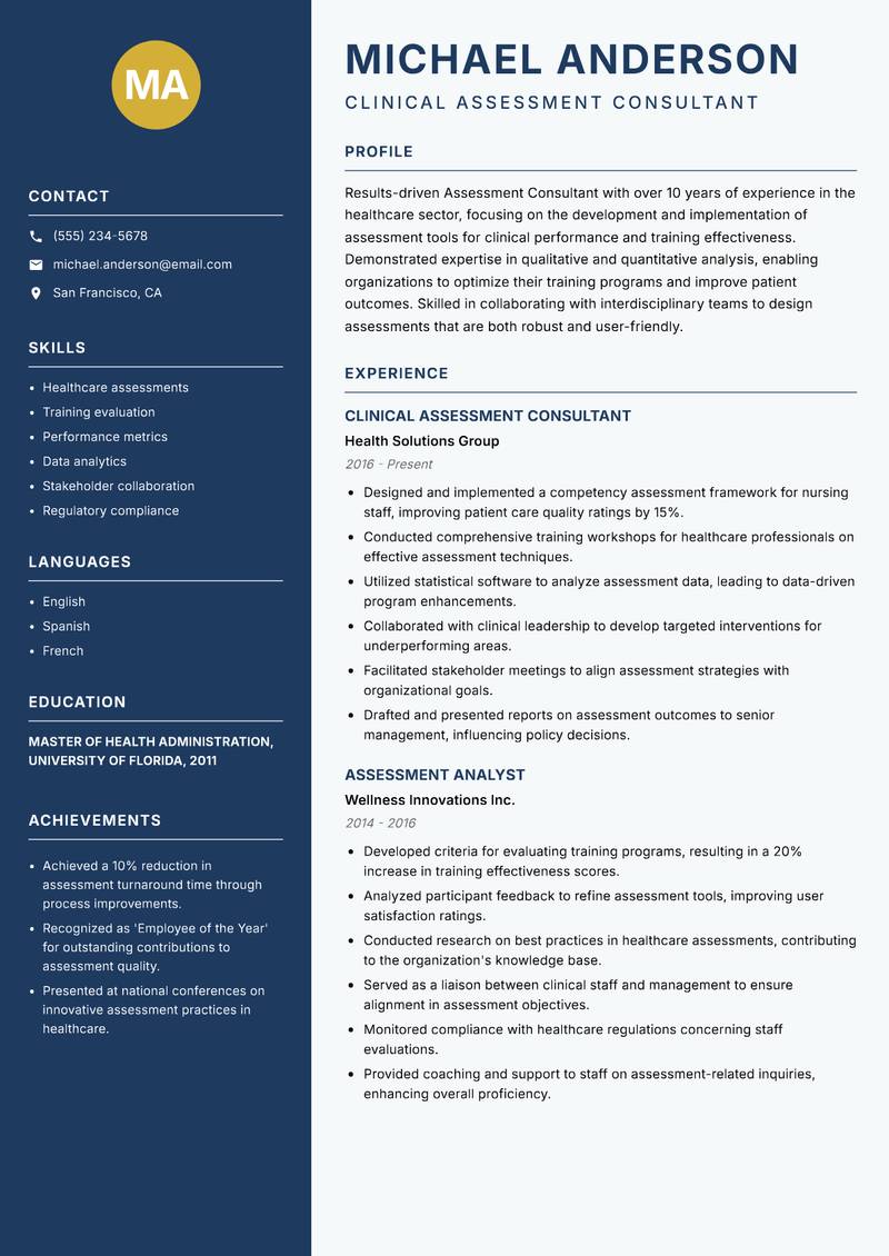Assessment Consultant Resume Preview Example