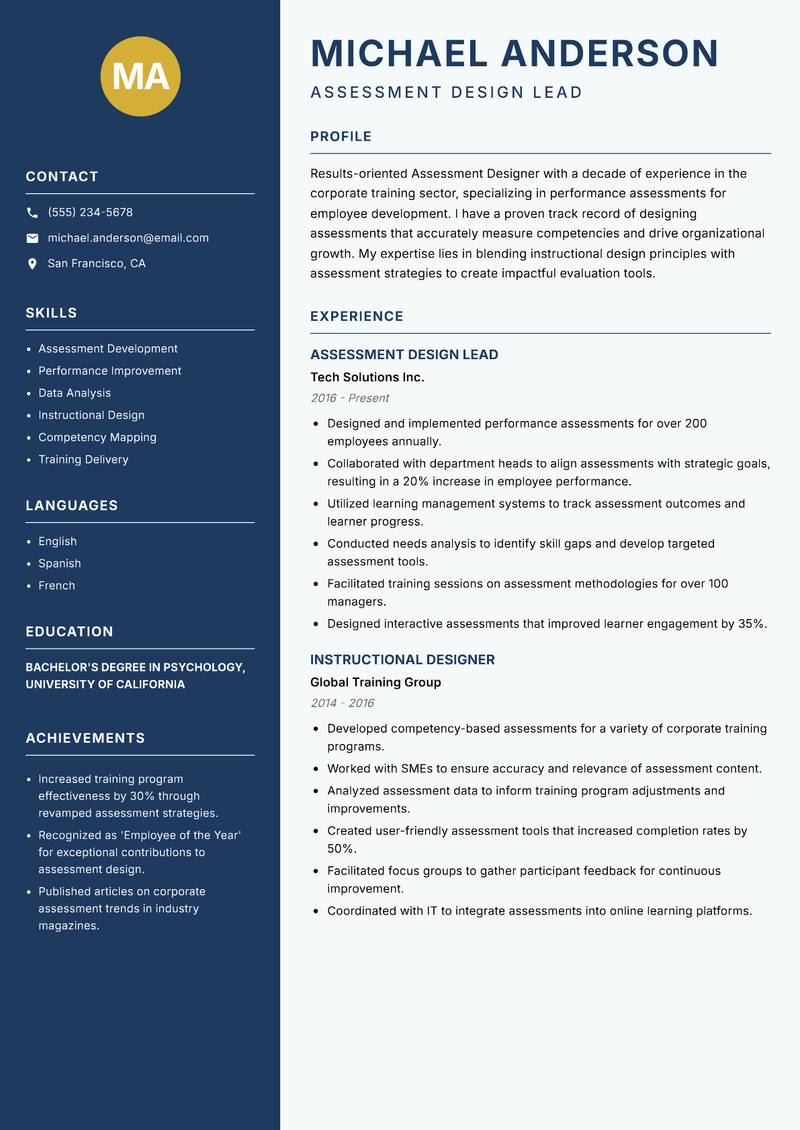 Assessment Designer Resume Preview Example