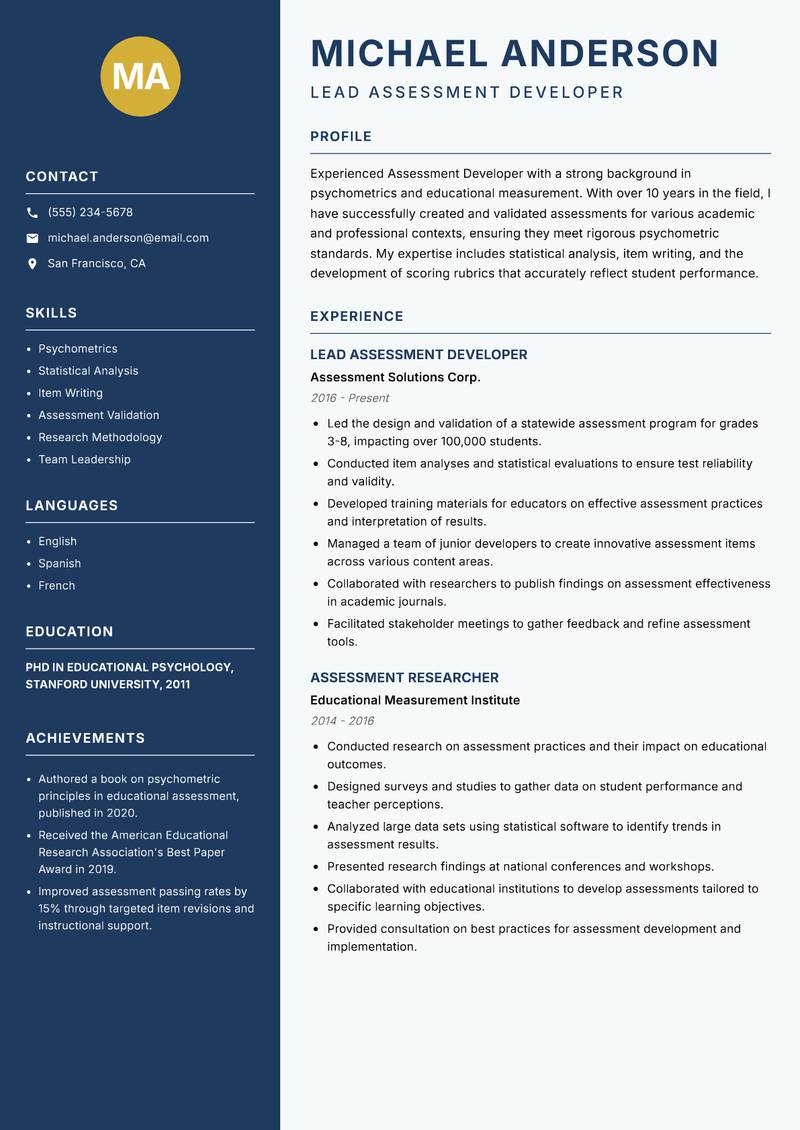 Assessment Developer Resume Preview Example