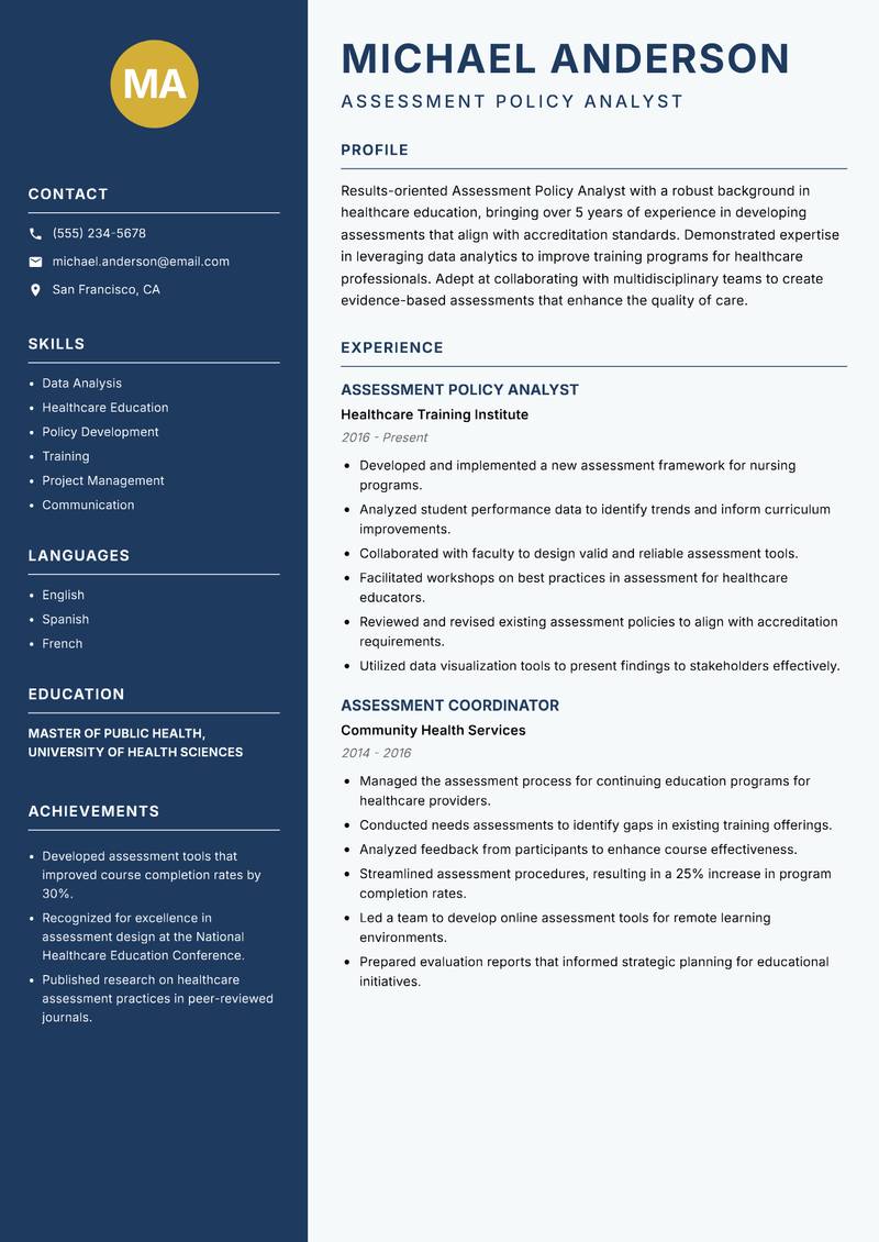 Assessment Policy Analyst Resume Preview Example