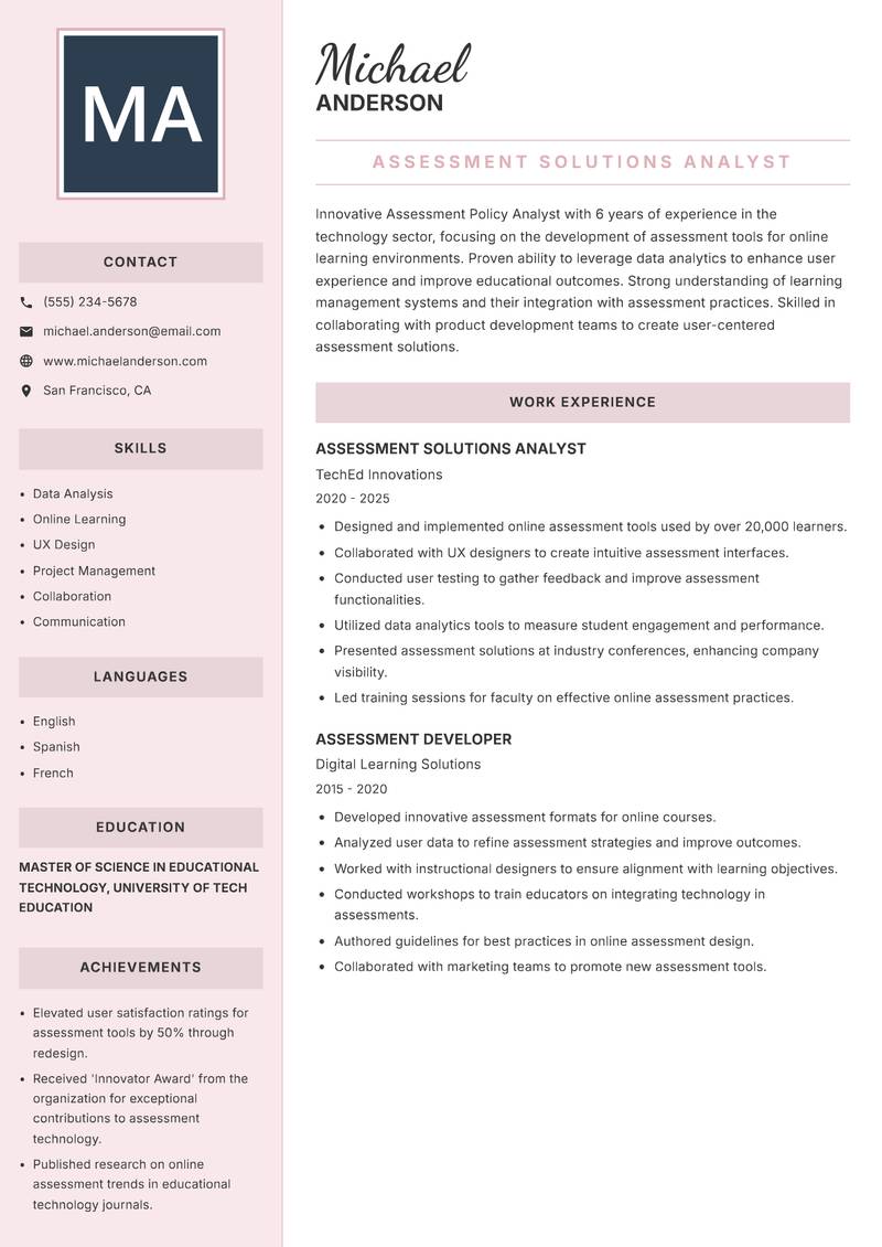 Assessment Policy Analyst Resume Preview Example