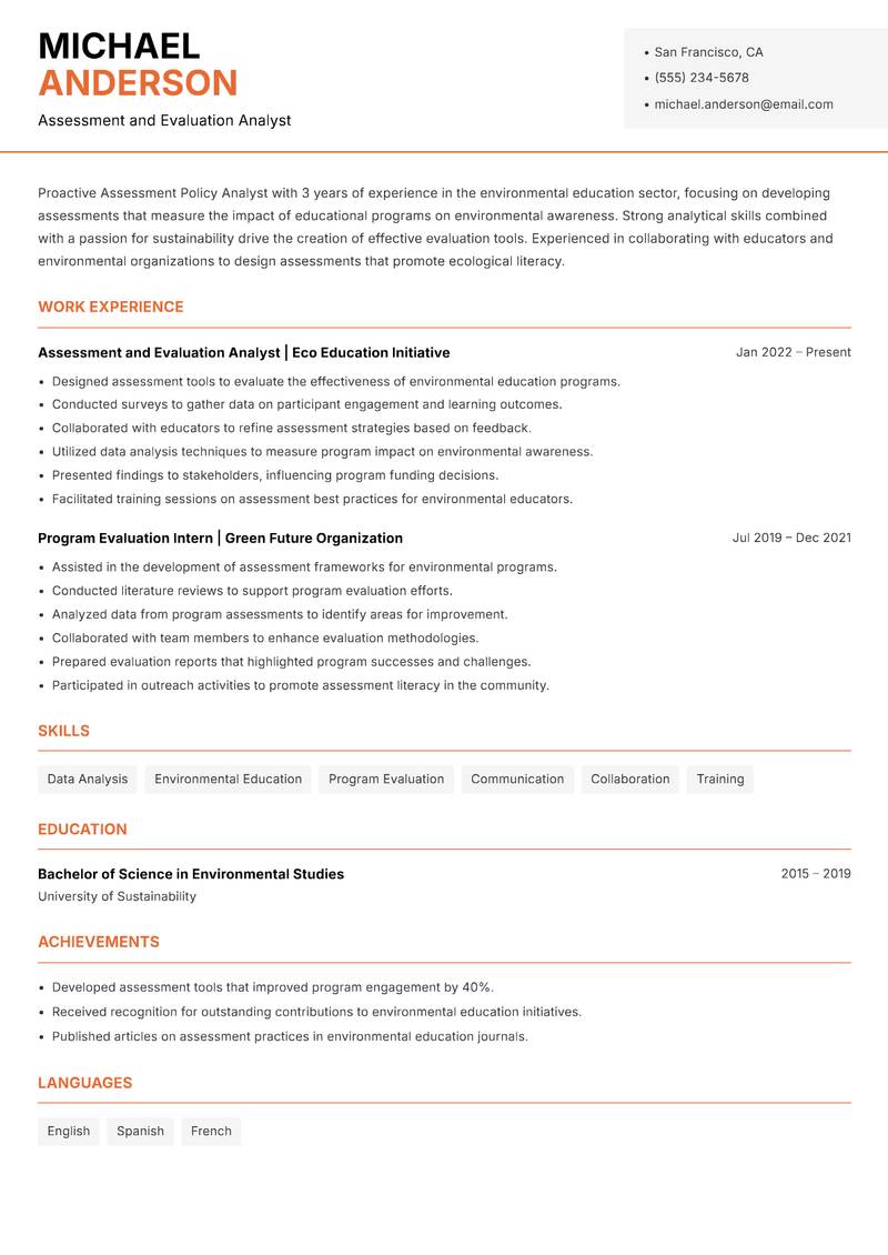 Assessment Policy Analyst Resume Template
