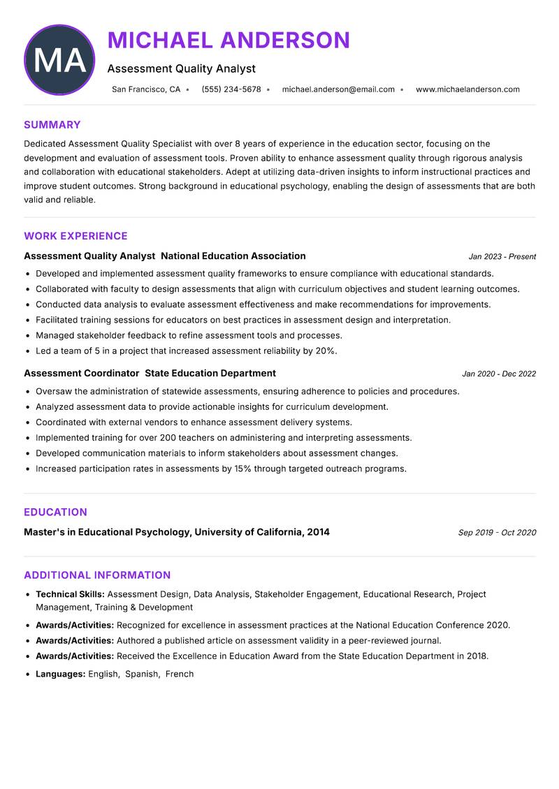 Assessment Quality Specialist Resume Preview Example