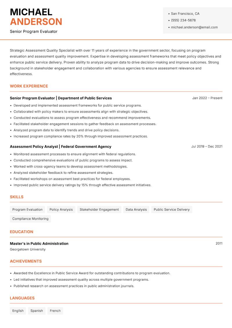 Assessment Quality Specialist Resume Template