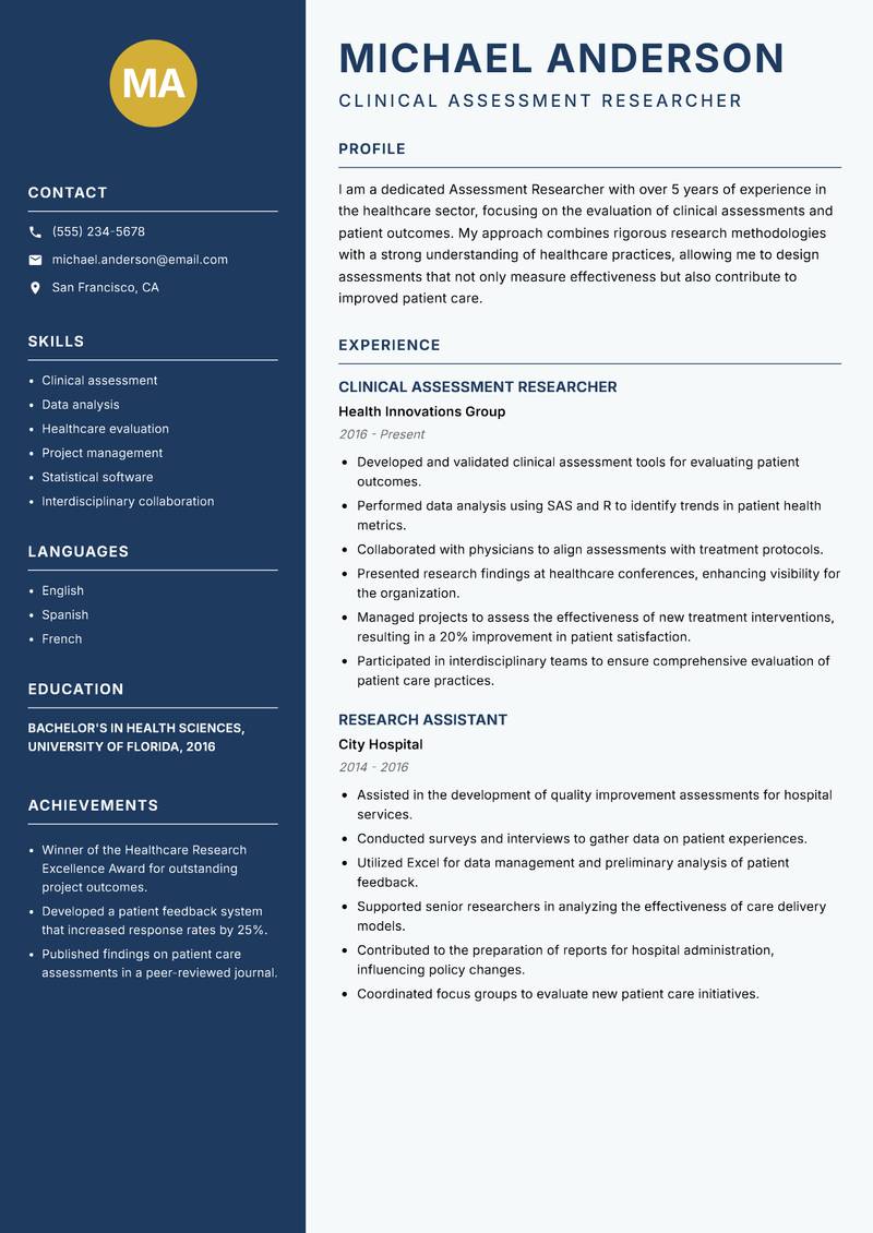 Assessment Researcher Resume Preview Example
