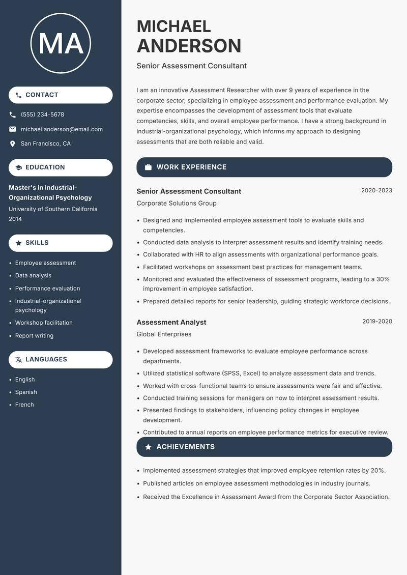 Assessment Researcher Resume Preview Example