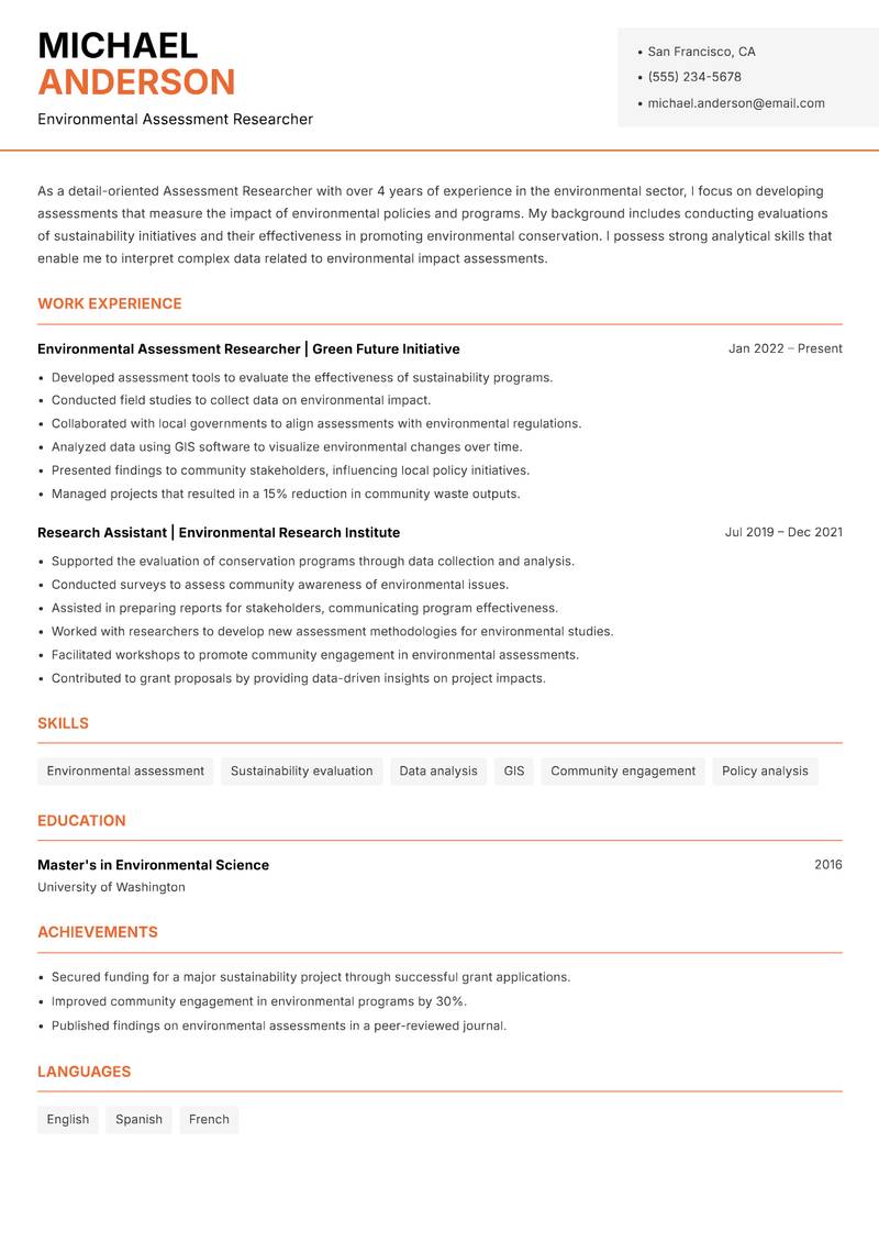 Assessment Researcher Resume Template