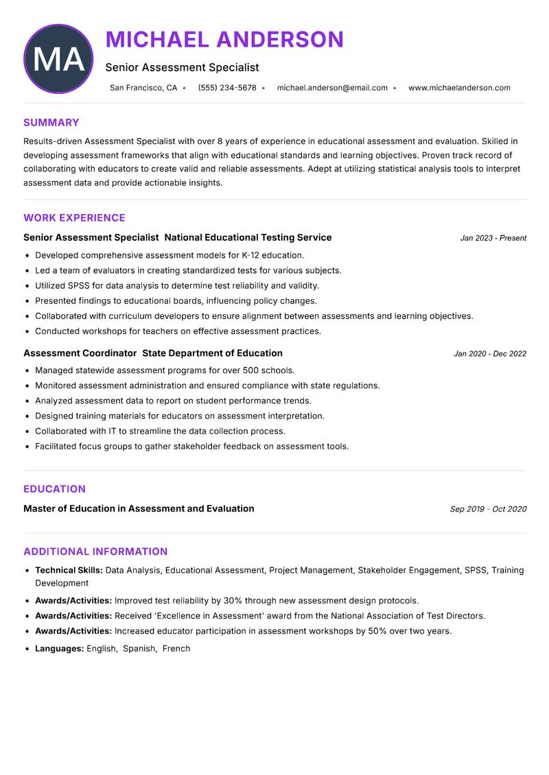 Assessment Specialist Resume Preview Example