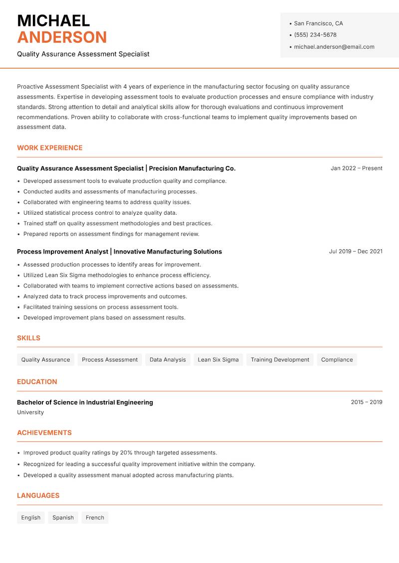 Assessment Specialist Resume Template