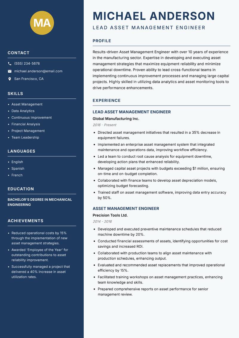 Asset Management Engineer Resume Preview Example