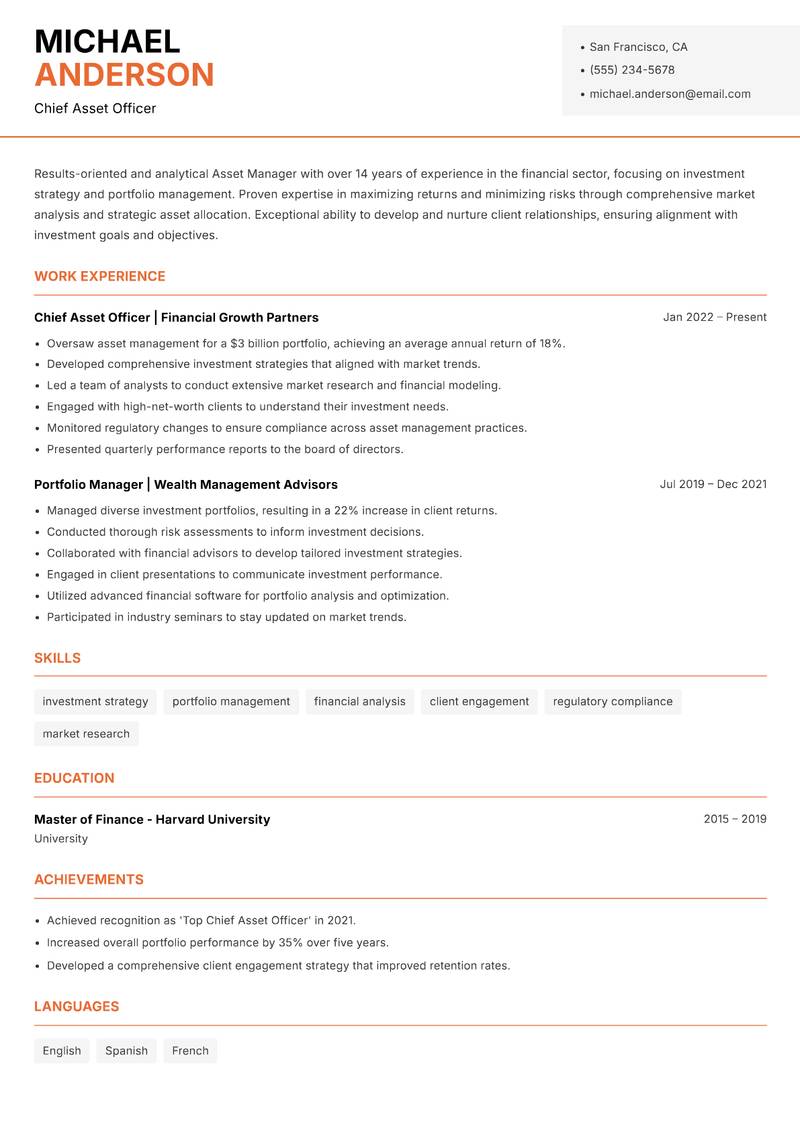 Asset Manager Resume Template