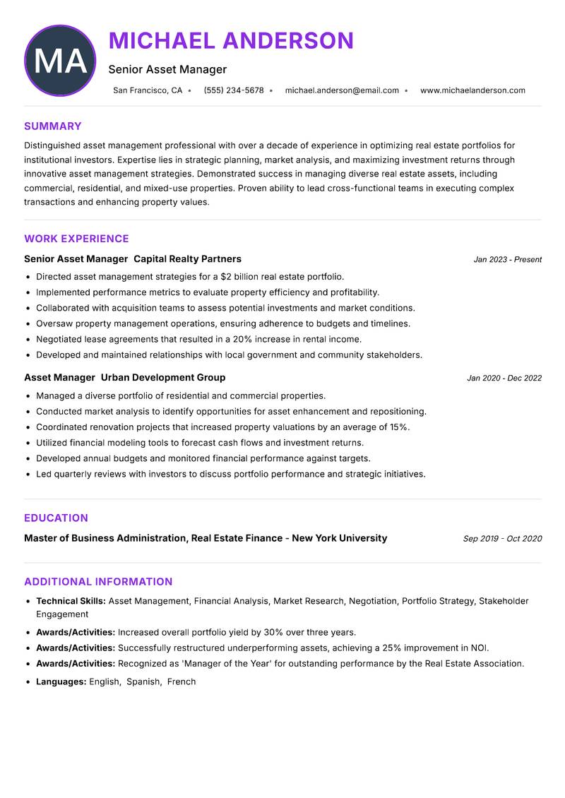 Asset Manager Real Estate Resume Preview Example