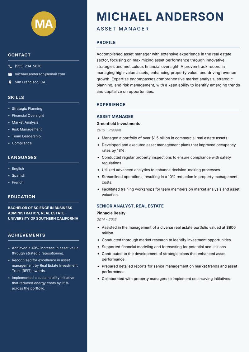 Asset Manager Real Estate Resume Preview Example
