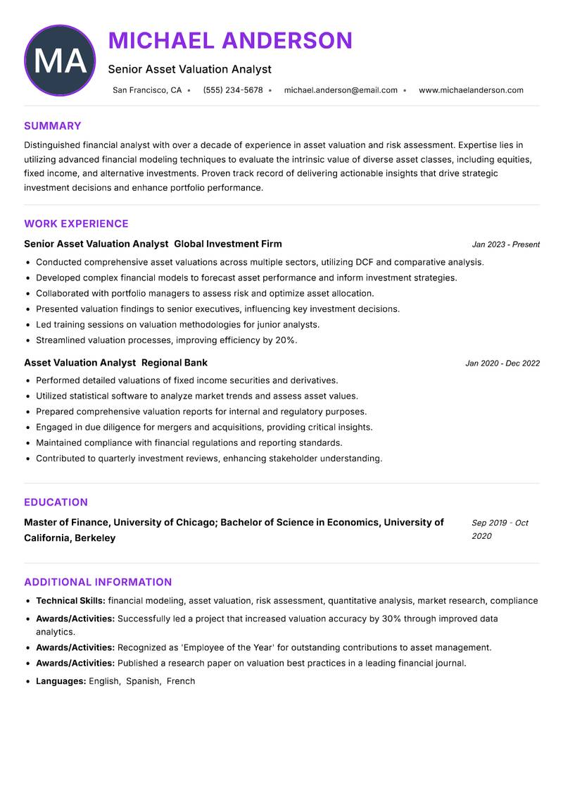 Asset Valuation Analyst Resume Preview Example