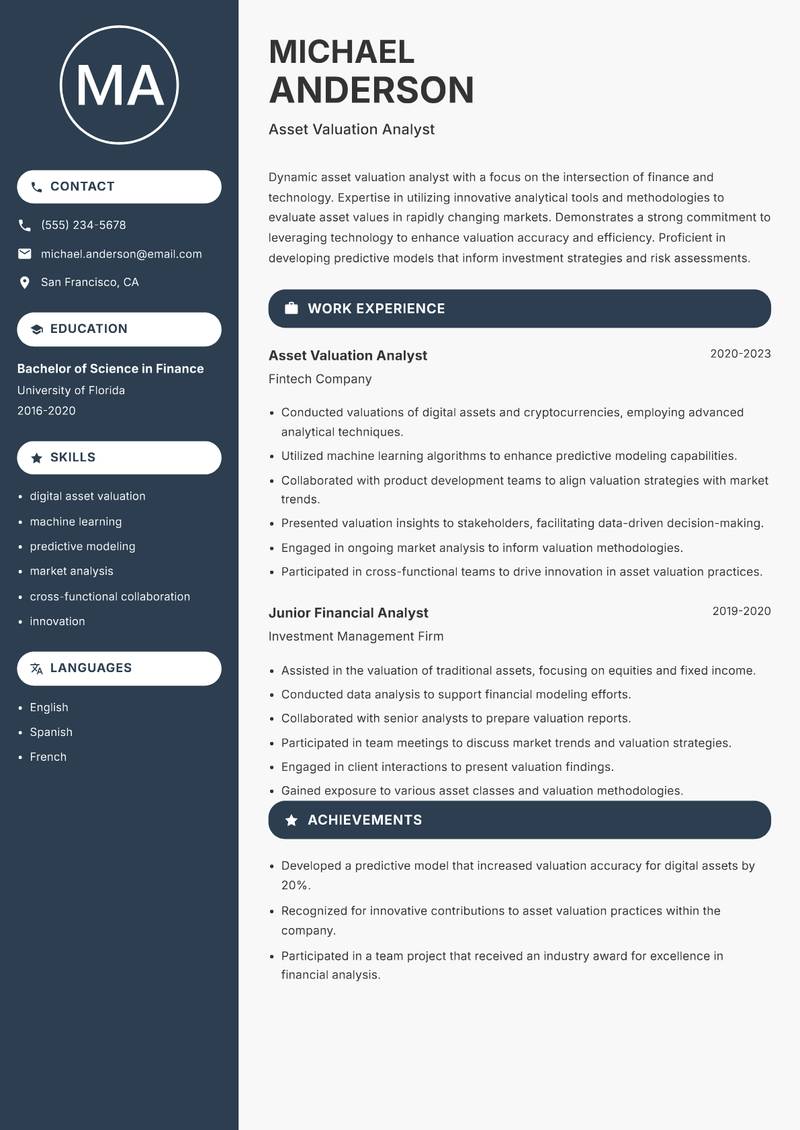 Asset Valuation Analyst Resume Preview Example